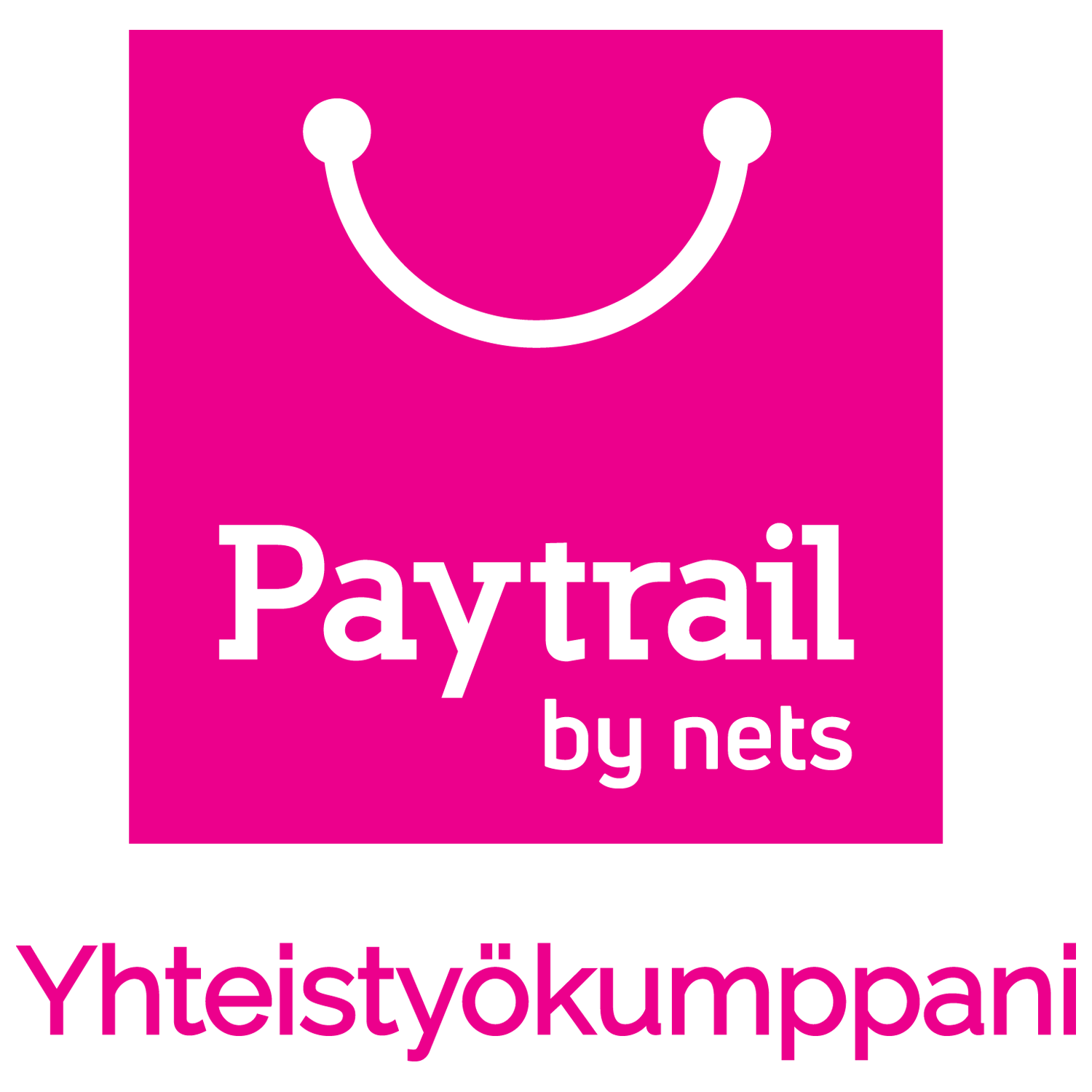 Vaaleanpunainen logo, jossa valkoinen hymiökaari ja teksti “Paytrail by nets” sekä “Yhteistyökumppani”.