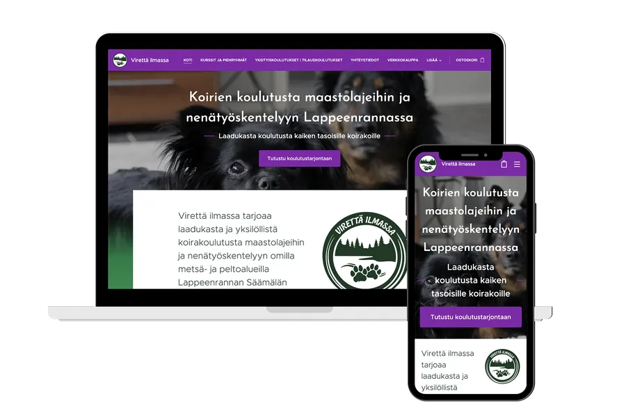 Kuva tietokoneen ruudusta ja mobiililaitteesta, joissa Virettä ilmassa verkkokaupan aloitussivu