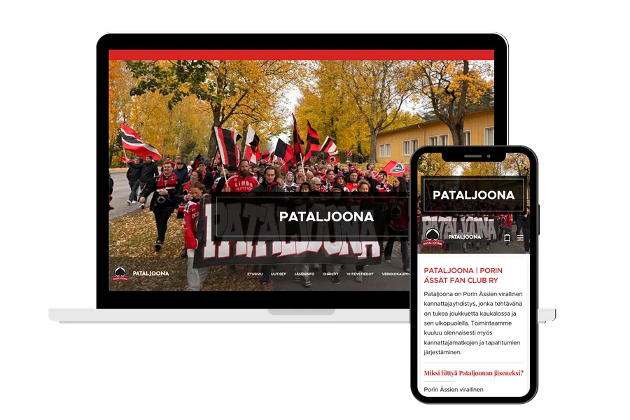 Kuva tietokoneen ruudusta ja mobiililaitteesta, joissa Pataljoona verkkokaupan aloitussivu
