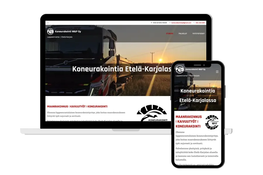 Kuva tietokoneen ruudusta, jonka edessä mobiililaitteen ruutu. Näihin upotettu kuva Koneurakointi W&P verkkosivun aloitusnäkymästä. 