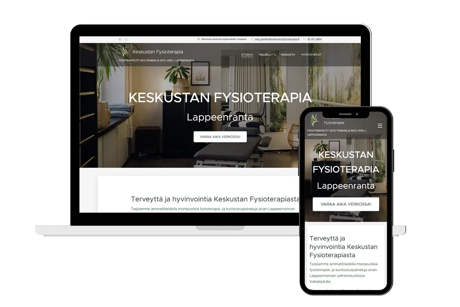 Kuva tietokoneen ruudusta, jonka edessä mobiililaitteen ruutu. Näihin upotettu kuva Keskustan Fysioterapia verkkosivun aloitusnäkymästä. 