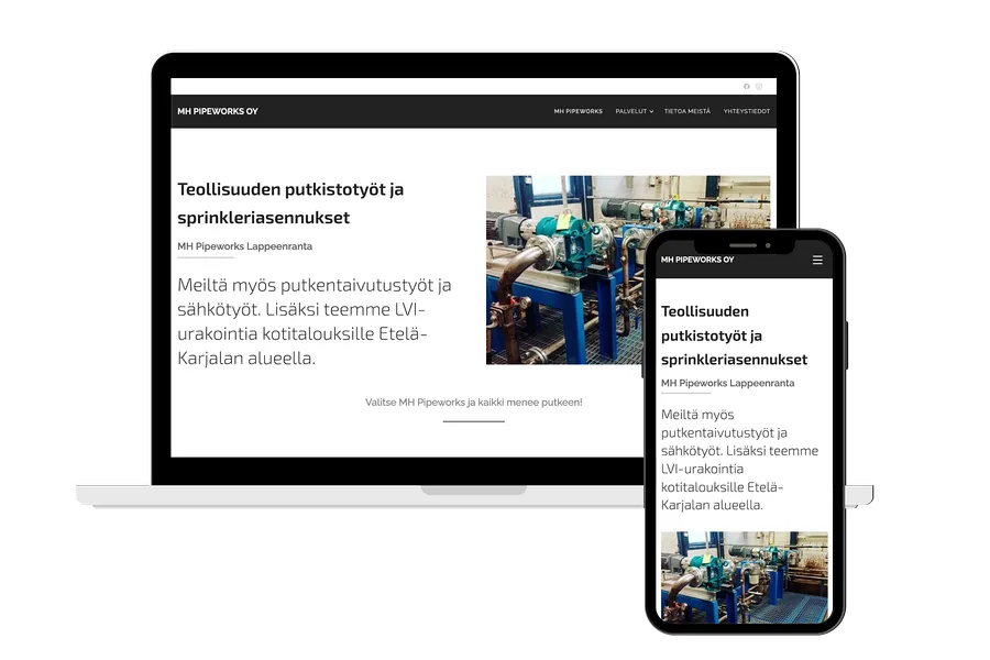 Kuva tietokoneen ruudusta, jonka edessä mobiililaitteen ruutu. Näihin upotettu kuva MH Pipeworks verkkosivun aloitusnäkymästä. 