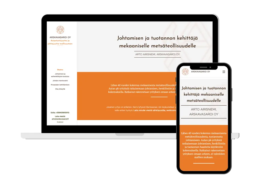 Kuva tietokoneen ruudusta, jonka edessä mobiililaitteen ruutu. Näihin upotettu kuva Arskavasaroi verkkosivun aloitusnäkymästä. 