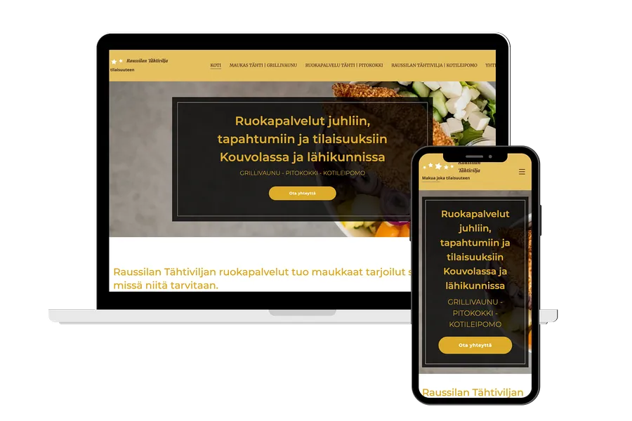 Kuva tietokoneen ruudusta, jonka edessä mobiililaitteen ruutu. Näihin upotettu kuva Maukas Tähti verkkosivun aloitusnäkymästä. 