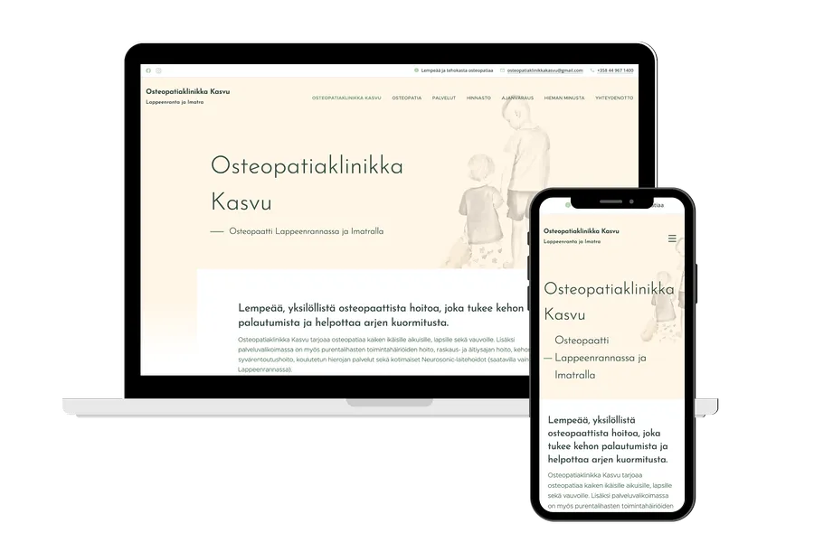 Kuva tietokoneen ruudusta, jonka edessä mobiililaitteen ruutu. Näihin upotettu kuva Osteopatiaklinikka Kasvun verkkosivun aloitusnäkymästä. 