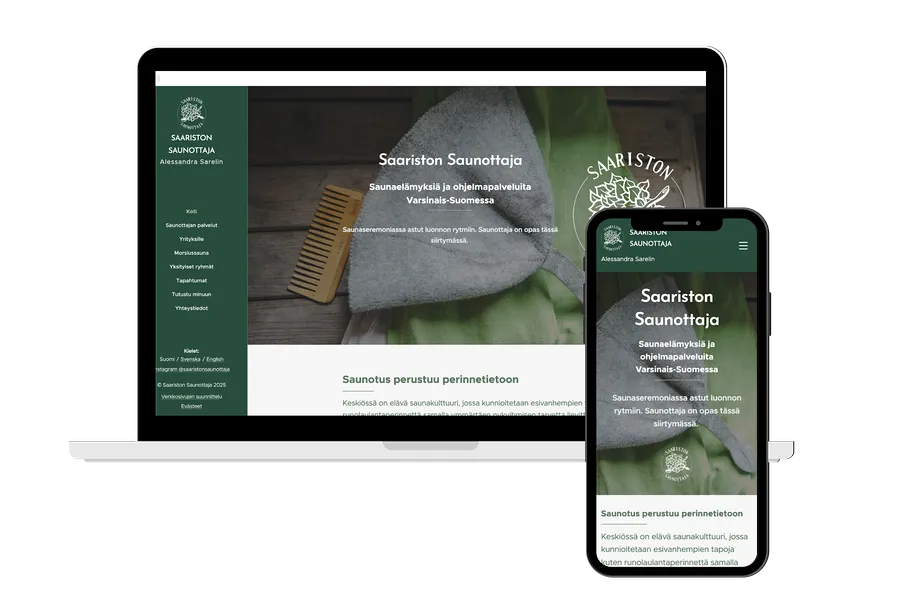 Kuva tietokoneen ruudusta, jonka edessä mobiililaitteen ruutu. Näihin upotettu kuva Saariston Saunottaja verkkosivun aloitusnäkymästä. 