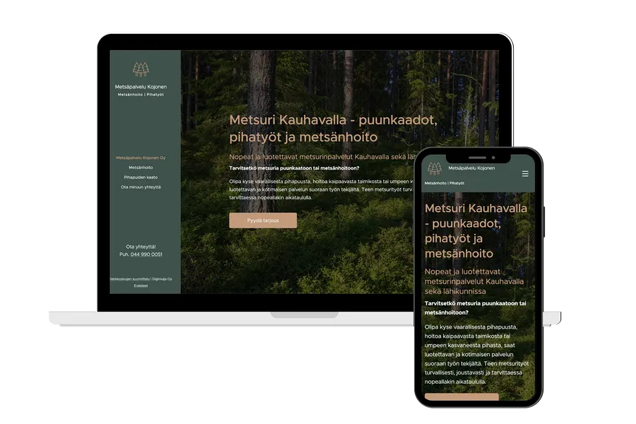 Kuva tietokoneen ruudusta, jonka edessä mobiililaitteen ruutu. Näihin upotettu kuva Metsäpalvelu Kojonen verkkosivun aloitusnäkymästä. 